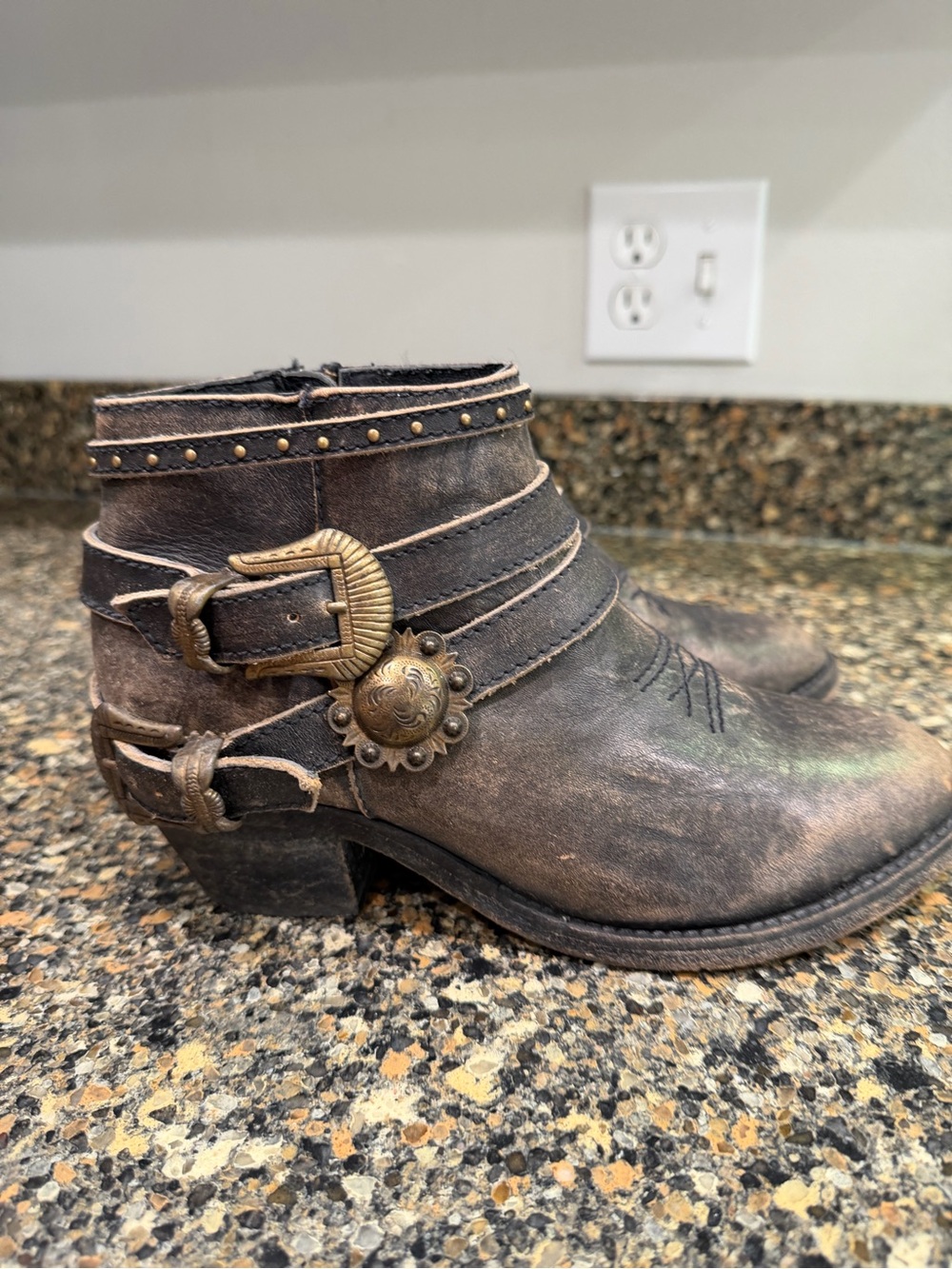 Circle G 7 Women's Distressed Brown Leather Ankle Boot with Decorative Buckles